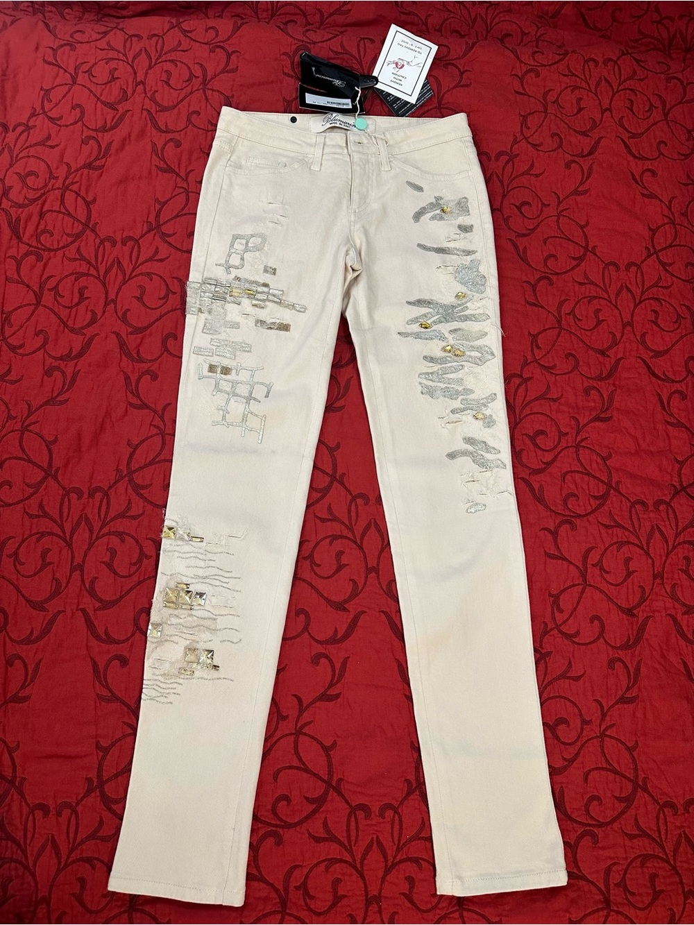 Blumarine Cream Skinny Jeans with Metallic Embellishment